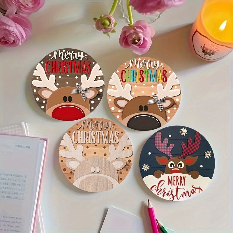 6pcs Set of Charming Christmas Style Wooden Coasters - Round, Heat Resistant and Non-Slip Drink Mats, Suitable for Home Decoration and Party - Perfect Gift Idea, Christmas Theme Home Decoration