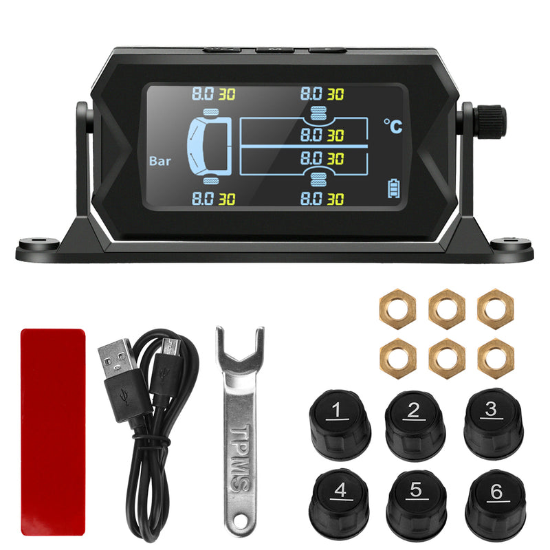 Sistema de monitoreo de presión de neumáticos TPMS para vehículos recreativos y camiones con energía solar, con 6 sensores externos, inalámbrico, soporte ajustable a 180°, resistente al agua